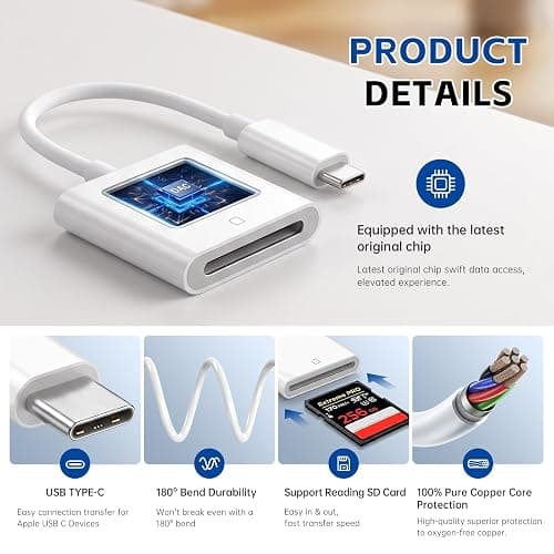 MTIQHS USB C SD Card Reader, Type C Memory Digital Camera Adapter | White, Trail Game Camera Viewer, USB C Memory Card Reader for iPhone 17/16/15,iPad,MacBook,iMac,Galaxy,Android thumbnail 2