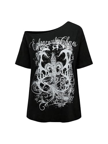 RoseSeek Women's Graphic Tees Grunge Shirts Y2K Clothes Off Shoulder Tops | Baggy Gothic Clothes, Oversized Affliction Shirt, Concert Outfits, Summer Going Out Tops - Image 1