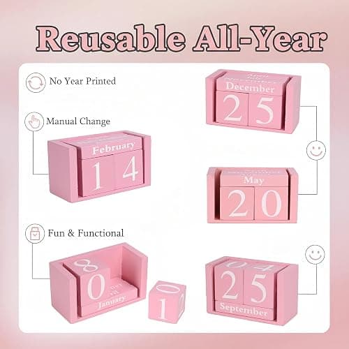 MICKYU Perpetual Wooden Desk Calendar - Pink Farmhouse Decor Block Calendar for Office, Home & Gifts - Reusable Daily Date Display thumbnail 5