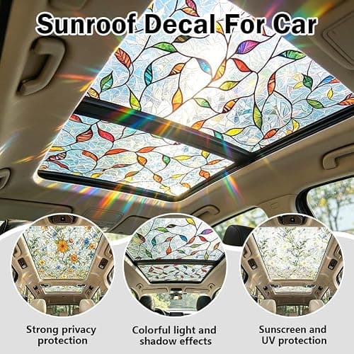 Stained Vintage Sunroof Decal for Car,17.72 × 47.24in Flower/Plant Decal Film Floral Rainbow Effect, Static Clings Stained Glass Window Privacy Film,Sun Protection for Living Room, Car Sunroof thumbnail 4