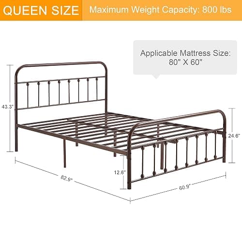 VECELO Queen Size Victorian Style Metal Bed Frame with Headboard Classic Metal Platform Bed Frame Mattress Foundation with Victorian Style Footboard/Under Bed Storage/No Box Spring Aple thumbnail 2