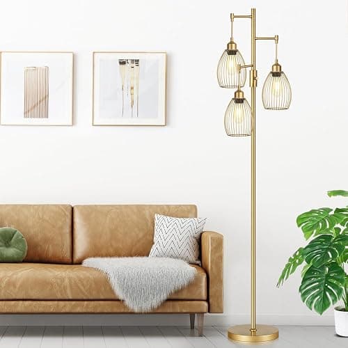 Dimmable Floor Lamp, Industrial Floor Lamps for Living Room, Gold Tree Lamp Standing Lamp Tall Lamps with 3 Elegant Teardrop Cage Head & 800 Lumens LED Bulbs for Living room Bedroom Office Dining Room thumbnail 6