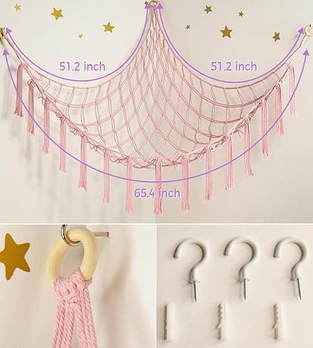 mirolam Stuffed Animal Storage Hammock Net - Toy Hammock Net for Stuffed Animals Corner - Hanging Stuff Animal Organizer Holder Large Pink Baby Nursery Room Decor thumbnail 4