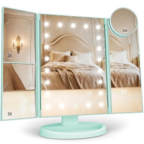 HUONUL 2X/3X/10X Magnifying Vanity Mirror with Light, Trifold Makeup Mirror | Touch Dimming, Dual Power, Clear View for Makeup, Skincare. Dorm Room Essentials. Birthday Gifts for Women, Mom, Wife, Girls - Image 1