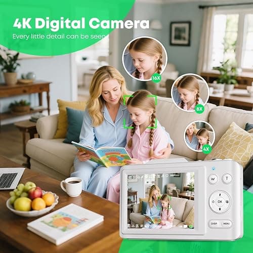 Digital Camera, Full HD 4K Digita Point and Shoot Camera Portable Compact and for 16X Zoom, Autofocus for Photography with 64GB Card, Anti-Shake, for Beginners, Boys Girls Kids, White thumbnail 4