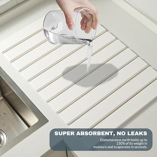 Large Stone Dish Drying Mats for Kitchen Counter, Quick Dry Absorbent Collapsible Dish Drying Mat,Diatomaceous Earth Mats for Dishes Bottles Cups,Match Any Countertop,White 24 * 16inch - White 24" x 16" thumbnail 7