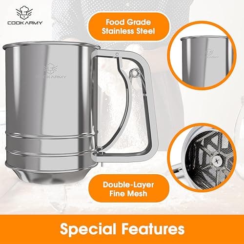 Cook Army Flour Sifter , 3 Cup Stainless Steel , Great Double-layer Baking Sifters for all Baking Flour and Powdered sugar, Flour Strainer thumbnail 7