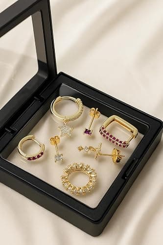 Gold Earring Set, 6Pcs 14K Gold Plated Colorful Stack Cubic Zirconia Pink Heart Dainty Statement Elegant Earrings Copper Nickel Free Hypoallergenic Non Tarnish Jewelry Gift For Women thumbnail 7