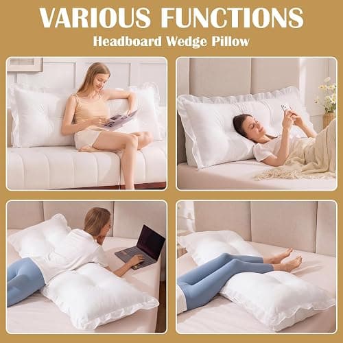 Leinuosen 39 in Ruffle Headboard Pillow for Dorm Twin XL College Bed Reading Bolster Dorm Velvet Triangular Bed Backrest Pillow Cushion for College Reading Support(White) thumbnail 7