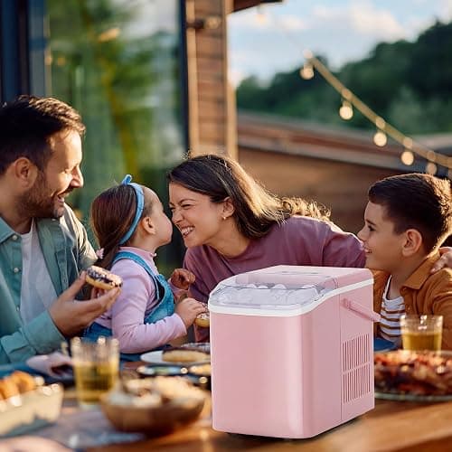 NEWBULIG Ice Makers Countertop with Handle, Portable Ice Machine, 9 Bullet Ice Cubes in 6 Mins, 26lbs in 24Hrs, Auto-Cleaning, with Basket and Scoop, for Home, Kitchen, RV, Camping,Pink thumbnail 5