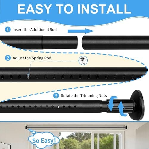 Tension Curtain Rod 51-86 Inch, Curtain Rod No Drilling for Window or Bathroom Closet, Outdoor Curtain Rods for Patio Tension Rod, Easy to Install, Never Rust, Rod Diameter 1.26 Inches - Black thumbnail 4