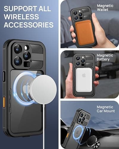 Lanhiem Magnetic for iPhone 16 Pro Max Case, IP68 Waterproof Dustproof Case, [Compatible with Magsafe] [Built-in Screen Protector] Full Body Heavy Duty Rugged Phone Cover 6.9 inch, Black/Clear thumbnail 4
