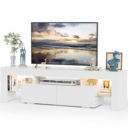 JUMMICO TV Stand, Modern Lighting TV Cabinet Entertainment Center Media and Open Shelf, TV Console Table with 1 Drawer and Remote Control, 20 Color LED Lights up to 70 Inch TV (White) - White