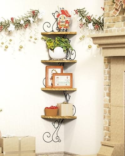 Alsonerbay Wall Mount Corner Shelves 4 Tier Floating Corner Storage Wood Shelves Decorative Rustic Radial Shelf in Cat Shape Carbonized Black thumbnail 2