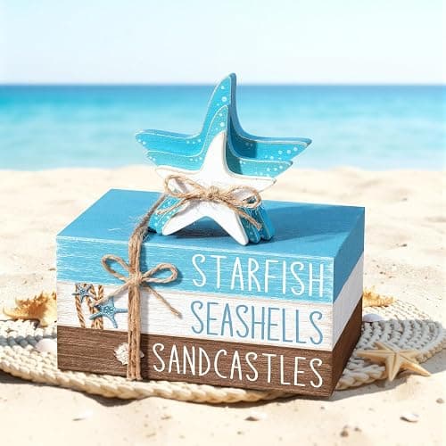 Geelin 4 Pcs Summer Beach Tiered Tray Decor Wooden Book Stack Signs, Starfish Seashell Coastal Nautical Table Centerpiece for Shelf Coffee Bar Home Kitchen Beach House Decorations thumbnail 5