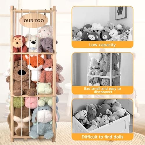 Stuffed Animal Storage Organizer - Thick Wooden Toy Zoo for Playroom & Bedroom, Large Plushies Holder with Cute Jail Cage Design, Plush Toy Display Tower Shelf thumbnail 5