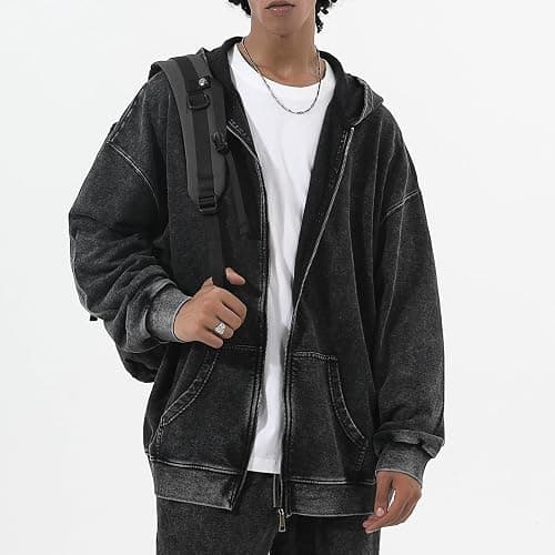Bobeutou Mens Zip Up Acid Wash Hoodie Vintage Oversized Casual Fall Jacket Cotton Hooded Sweatshirts with Pockets Streetwear thumbnail 2