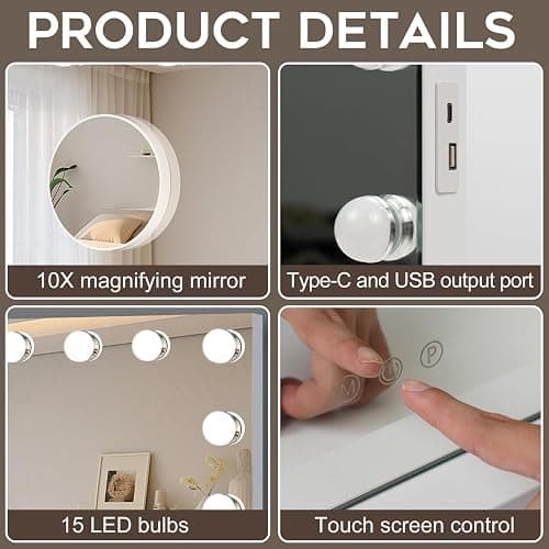 Ruication Hollywood Vanity Mirror with Lights, 58×48cm Lighted Makeup Mirror with 15 Dimmable Led Bulbs, 3 Lighting Modes, Touch Screen Control, Tabletop and Wall Mounted for Bedroom thumbnail 6