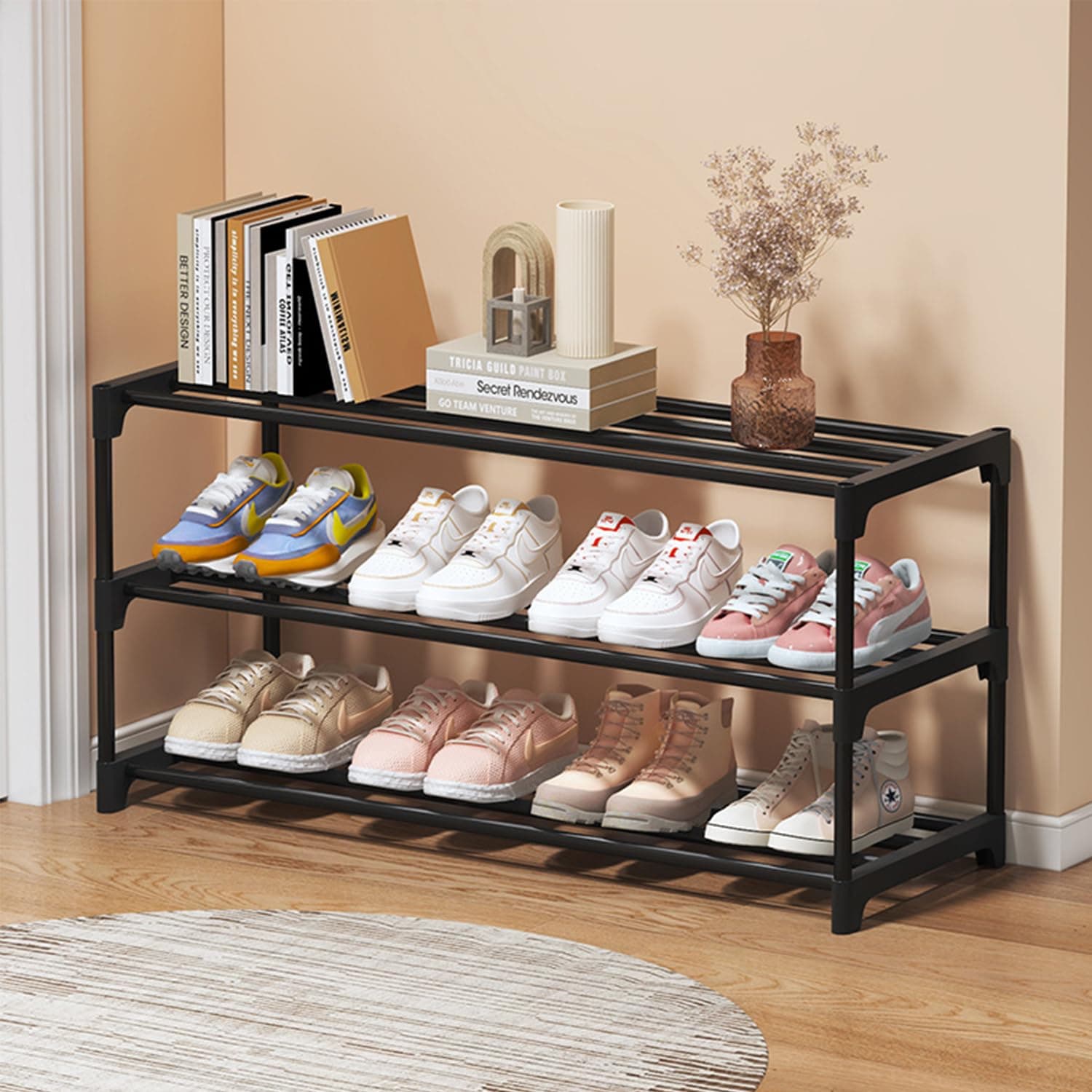 Shoe Rack, 3-Tier Shoe Organizer, Metal Storage Shelf, Upright or Upside Down, for 12-15 Pairs, Stackable, for Entryway, 61 x 28 x 38 cm（3-Tier White) thumbnail 5