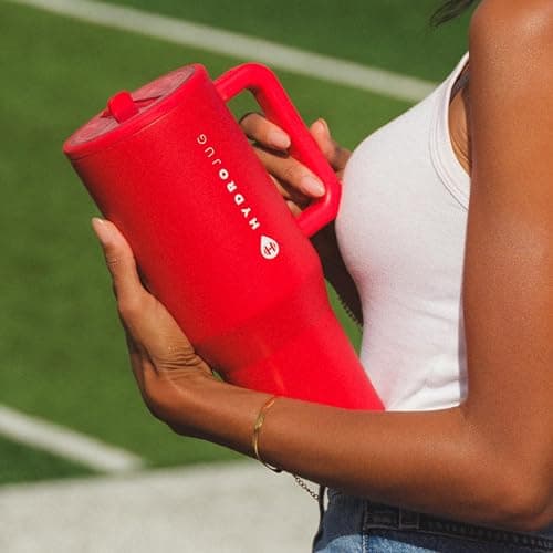 HydroJug Traveler - 40 oz Water Bottle with Handle & Flip Straw - Fits in Cup Holder, Leak Resistant Tumbler-Reusable Insulated Stainless Steel & Rubber Base - Gifts for Women & Men, Alumni Red thumbnail 2