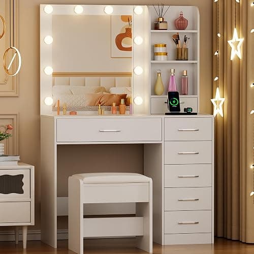 BEWISHOME Dressing Table with Mirror and LED Lights,Vanity Desk with Stool | Adjustable Brightness,Vanity Table with Power Outlet,7 Drawers and Open Shelves,Modern Makeup Table for Bedroom,White,YFST51W thumbnail 7