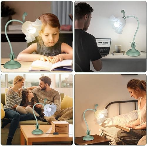 Flower Desk Lamp,LED Reading Light Bedside Vintage Flower Night Light,3 Colors Modes Cute Bedside Lamps Decor,Living Room Bedroom Room Kawaii Lighting Table Lamps Home Decoration (Green) thumbnail 7