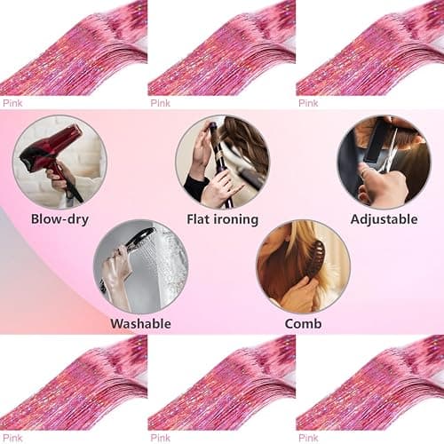 Pink Fairy Hair Tinsel Kit 48 Inches 1200 Strands with Tools and Instruction Easy to Install Glitter Tinsel Hair Extensions for Women and Girls，Shinny Sparkling Braiding Hair Accessories for Halloween Cosplay Party thumbnail 6