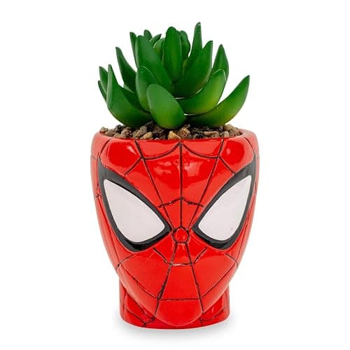 Toynk Marvel Comics Spider-Man Web-Head 3-Inch Ceramic Mini Planter with Artificial Succulent | Small Flower Pot, Faux Indoor Plants - Image 1