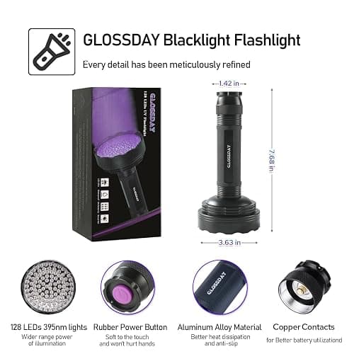 GLOSSDAY Blacklight Flashlight,128 LED UV Flashlights, Upgraded Bright Ultraviolet Flashlight Professional Black Light for Dog/Cat, Hunting Scorpions thumbnail 6