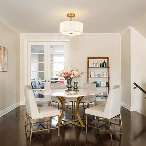 Modern Semi Flush Mount Ceiling Light with Pleated Fabric Shade, 12.5” Drum Gold Light Fixture with Lights, Warm White Linen Lamp for Bedroom, Living Room, Dining Room, Hallway, Kids Room thumbnail 6