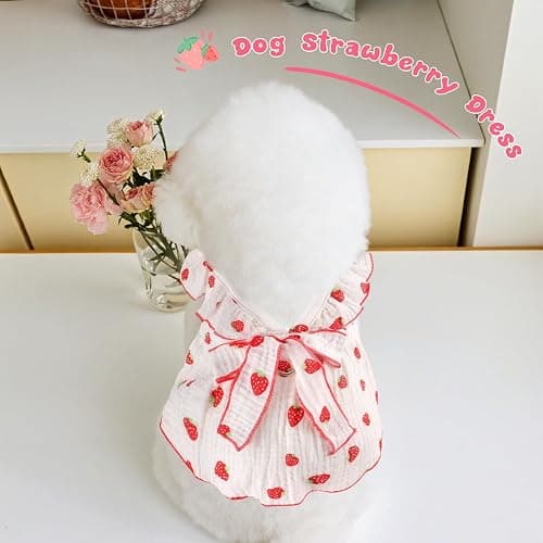 BAOBICUTE 2 Pack Dog Dress Clothes for Small Dogs Girl with Leash Ring & Bow cat Dog Outfit Strawberry Printed Pet Cat Apparel Sweet Ruffled Chihuahua Yorkie Puppy Clothes thumbnail 3