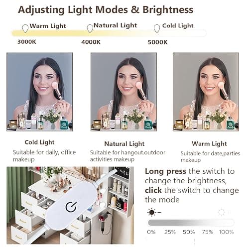 FURNJOYLIFE White Makeup Vanity Desk with Lighted Mirror & Power Outlet,3 Color Modes, Brightness Adjustable,Vanity Table with Drawer,Sliding 2 Storage Wall-Mounted Jewelry thumbnail 6