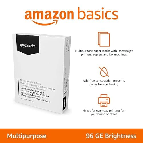 Amazon Basics Multipurpose Copy Printer Paper, 21.6 x 27.9cm, 9.07kg, 1 Ream, (500 Sheets), 96 Bright, White thumbnail 2