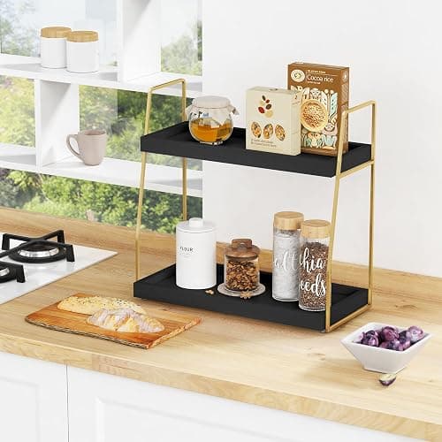 Forbena Black and Gold Bathroom Organizer Countertop, 2 Tier Counter Organizer for Bathroom Decor, Modern Sink Shelf Organizers for Vanity Storage, Make upTray for Makeup Bedroom thumbnail 3