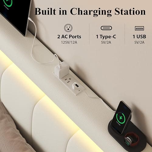 Full Bed Frame with Charging Station, Storage Drawers, Upholstered White | Platform Bed with LED Lights, PU Leather, Adjustable Headboard, Heavy Duty Metal Slats, No Box Spring Needed, Noise-Free thumbnail 5