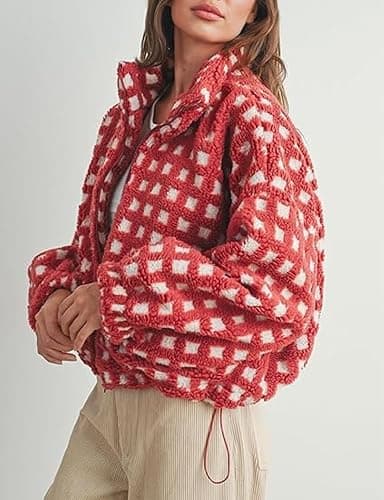 Yoawdats Womens Cute Sherpa Fleece Jacket Fuzzy Zip Up Checkered Cropped Going Out Jacket Teddy Fluffy Casual Outerwear thumbnail 3