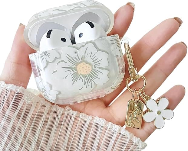 MINSCOSE Compatible with AirPods 4 Clear Case,Cute Cartoon Flower Pattern Design with Floral Keychain, Soft TPU Protective Shockproof Case for AirPods 4 for Girls Women-White - Image 1