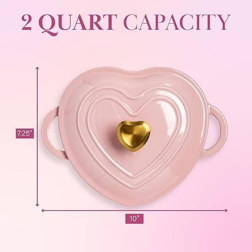 Paris Hilton Enameled Cast Iron Dutch Oven Heart-Shaped Pot with Lid, Dual Handles, Works on All Stovetops, Oven Safe to 500°F, 2-Quart, Pink thumbnail 3
