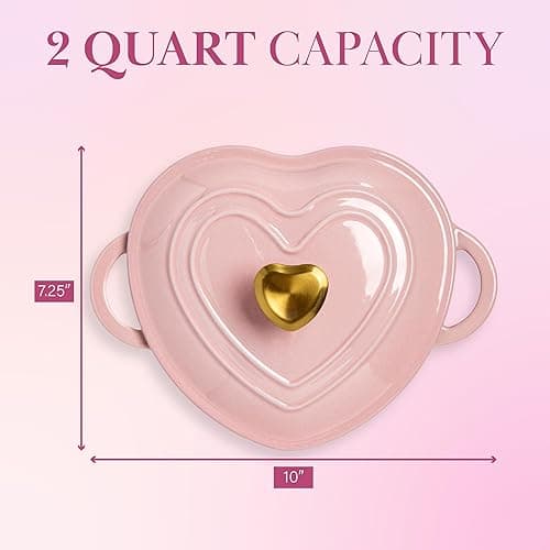 Paris Hilton Enameled Cast Iron Dutch Oven Heart-Shaped Pot with Lid, Dual Handles, Works on All Stovetops, Oven Safe to 500°F, 2-Quart, Pink thumbnail 4
