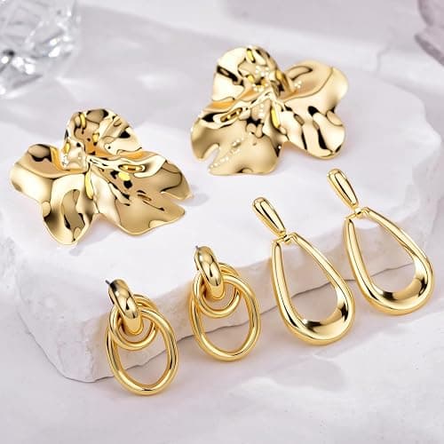 AIDSOTOU 6 Pairs Chunky Gold Earrings For Women Trendy Statement Gold Plated Flower Shell knot Dangle Earrings Lightweight Hypoallergenic Fashion Jewelry Set thumbnail 7