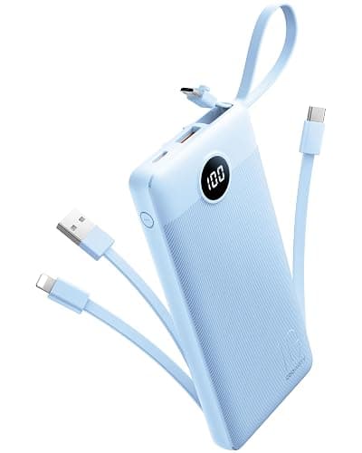 Coowisty 10000mAh Portable Charger, Slim Power Bank with Built-in Cables, Battery Pack 5 Outputs 2 Inputs LED Display Compatible with iPhone/Android & More (Blue) - Image 1
