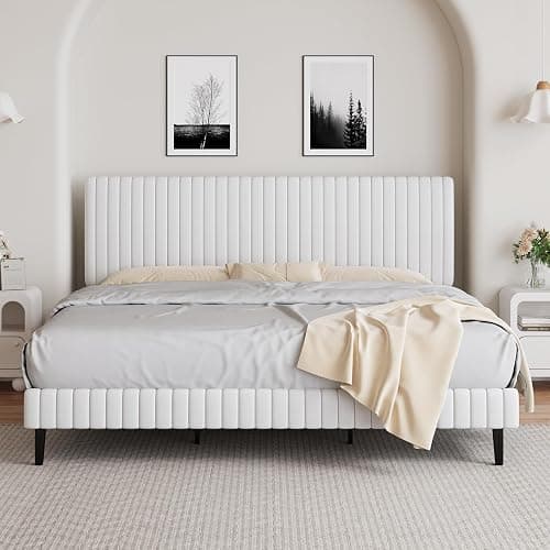 BarnFurin King Size Bed Frame with Adjustable Headboard/Velvet Upholstered Platform Bed with Vertical Channel Tufted Design/No Box Spring Required/Easy Assembly/White - Image 1