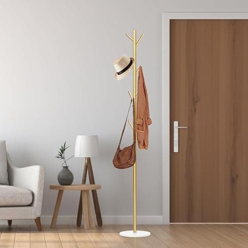 Wtiujhg Coat Rack, Metal Freestanding Coat Rack with 8 Hooks, Sturdy Coat Tree with Natural Marble Base for Coats, Hats, Scarves and Handbags for Entryway, Hallway, Bedroom, Office,Dorm (Gold) thumbnail 2