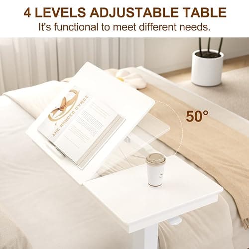 Muwuele Solid Wood Overbed Bedside Table with Wheels, Adjustable Medical Tilt Top Hospital Bed Table Over The Bed, Rolling Laptop Desk, Mobile Standing Desk for Hospital and Home Use (White) thumbnail 5