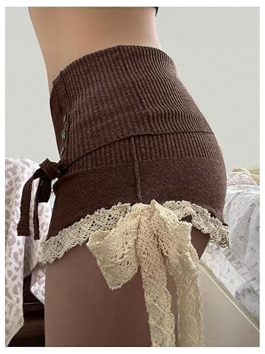 GORGLITTER Women's Lace Bodycon Mini Skirts Y2k Bow High Waisted Color Block Sweater Knit Pencil Skirts thumbnail 3