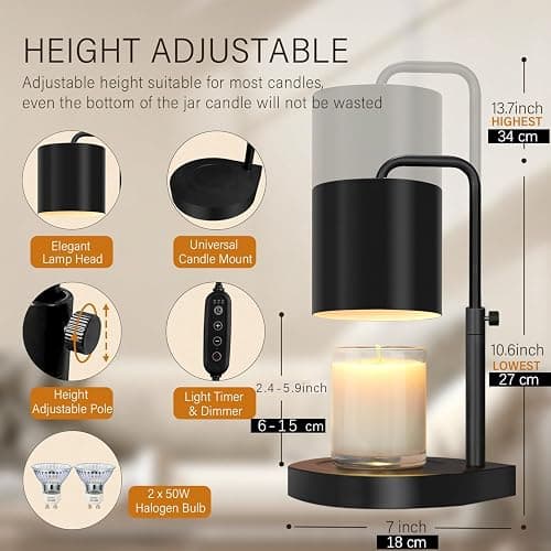 zukakii Candle Warmer Lamp Adjustable Height Dimmable with Timer Large Jar Candles Compatible - No Flame Scented Wax Warmer with 2 Bulbs - Mothers Day Gift - Black thumbnail 3