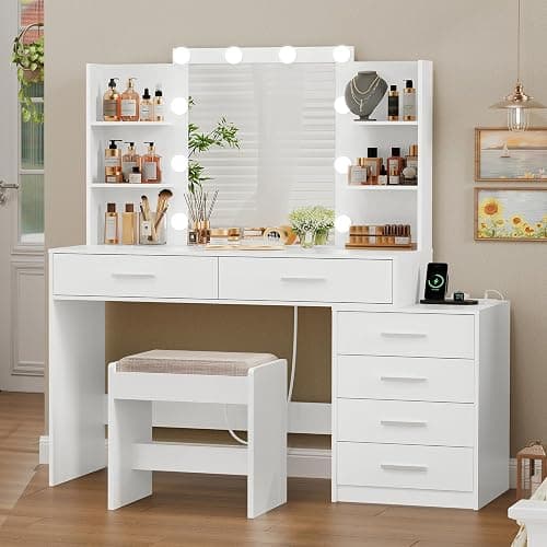 Quimoo 48" Large Vanity Desk with Mirror & Lights, Makeup Vanity Table with 6 Drawers & Power Outlet, 6 Open Storage Shelves, Vanity Desk Set with Stool, for Women Girls, White thumbnail 3