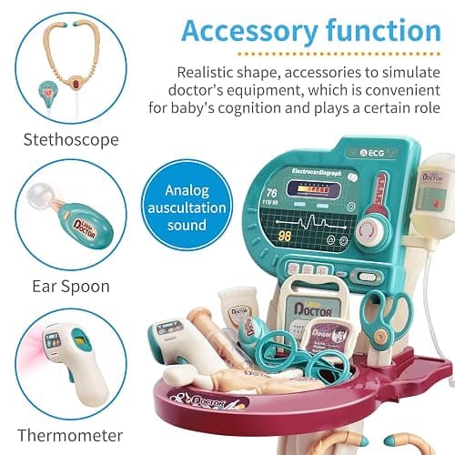 Deejoy Toy Doctor Kit for Kids，Doctor Role Play Costume，Medical Bag，Eye Chart，Thermometer，Stethoscope，Pulse Machine，24 Piece Pretend Medical Station Set for Boys & Girls ，Great Gift for Toddler thumbnail 5
