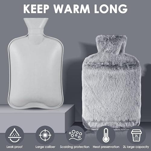 BOLEi Hot Water Bottle with Luxury Cosy Faux Fur Cover,2L Leakproof Large Hot Water Bag for Neck,Shoulder,Hand Feet Warmer,Gifts for Women,Men(Grey) thumbnail 4