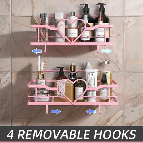 FLCITY Pink Shower Caddy with 4 Removable Hooks, 2 Pack Sweet Heart Shower Shelves,No Drilling Adhesive Organizer Shelf for Bathroom Shower,Kitchen,Bedroom thumbnail 5